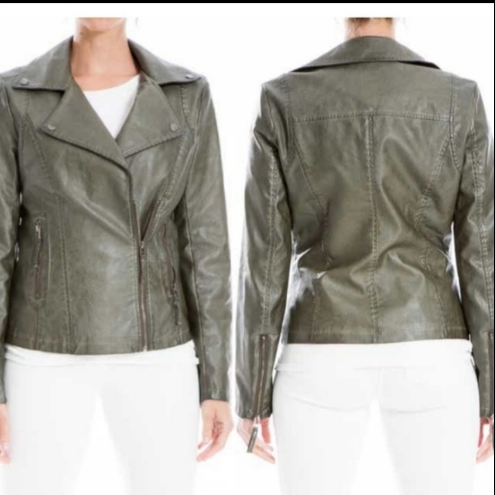 MAXSTUDIO Washed Olive Faux Leather Moto Jacket Size XS - Picture 3 of 14